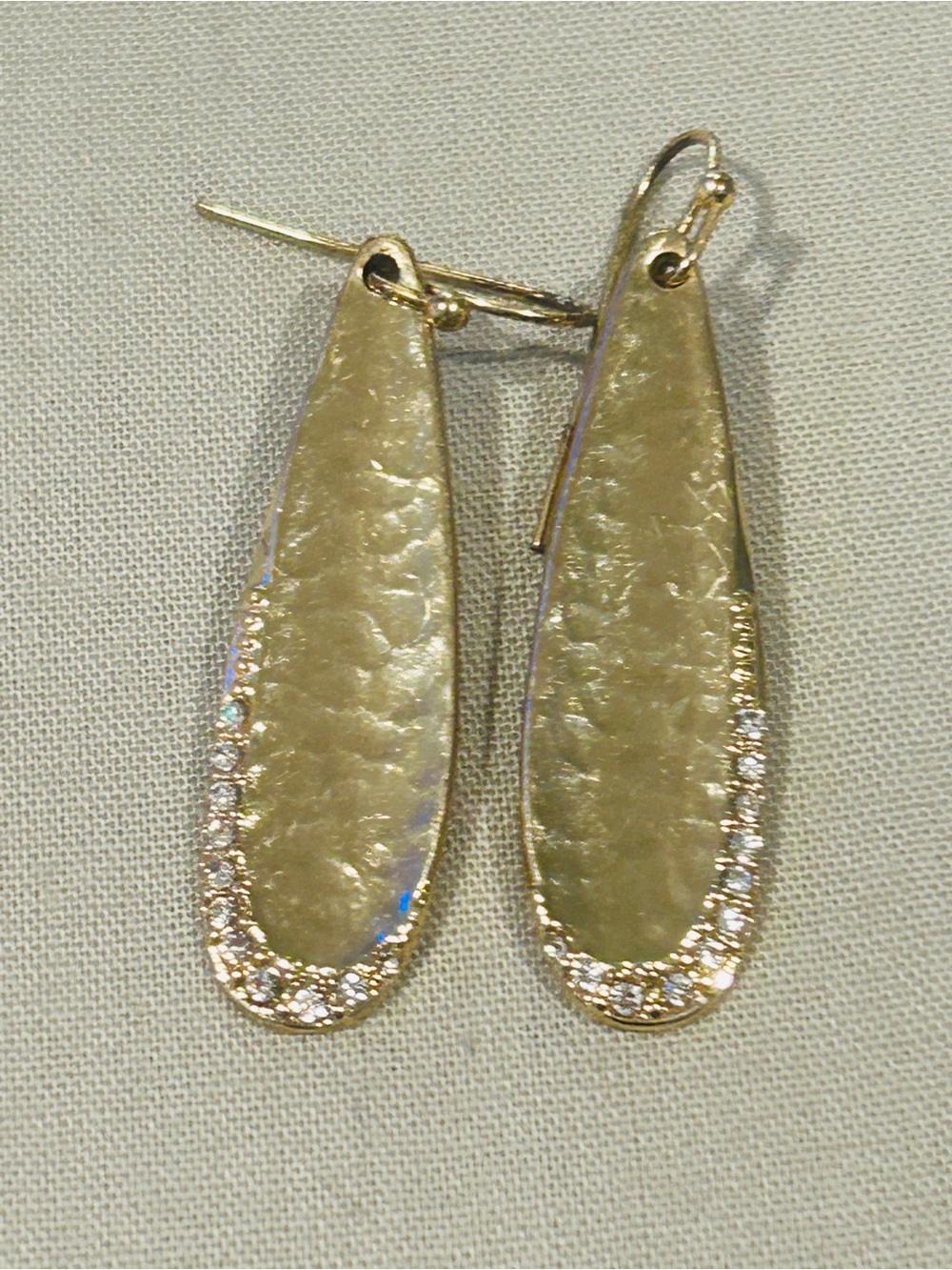 Gold Hammered Teardrop Dangle Earrings with Crystal Pavé Edge - Women Jewelry